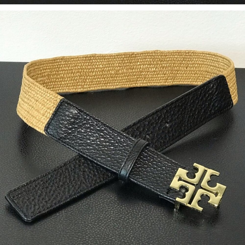 Tory Burch Logo Buckle Black Pebbled Leather Natural Woven Raffia Waist Belt SM